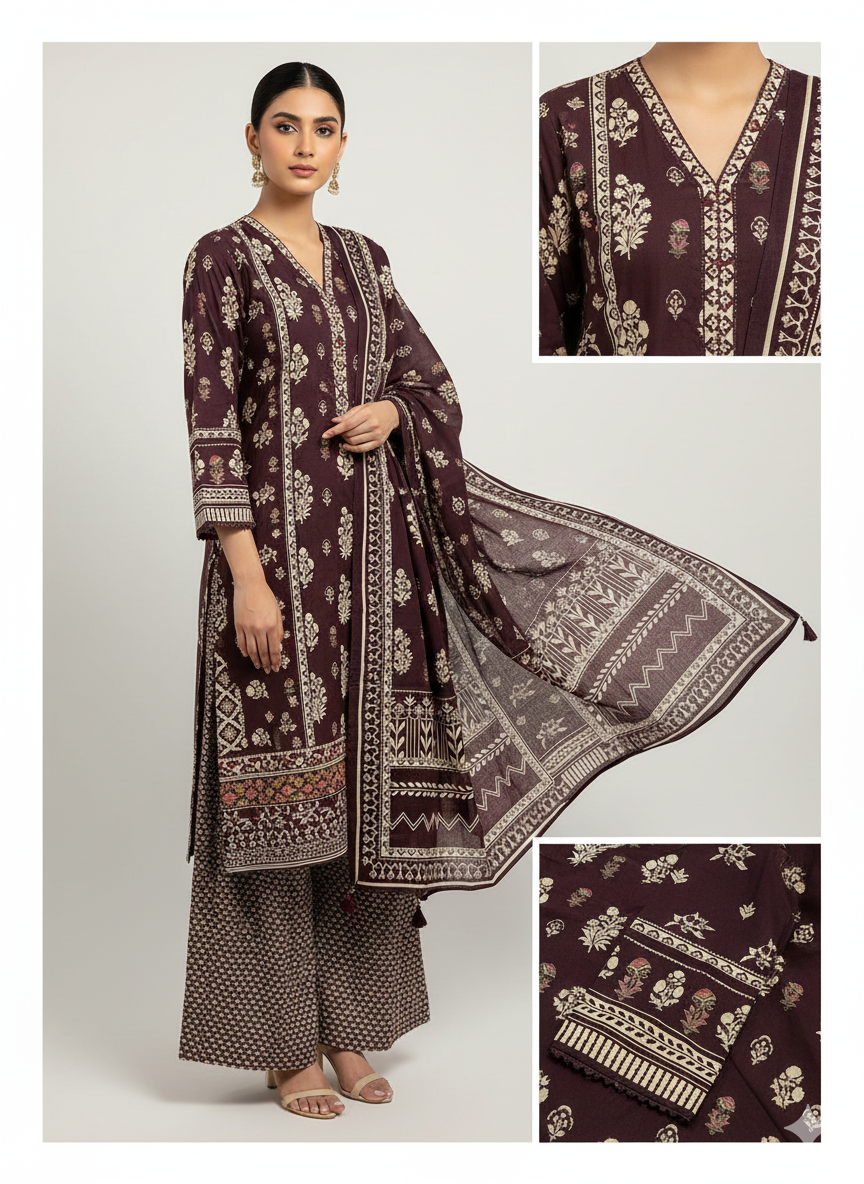 Velvet Wine Unstitched 3PC